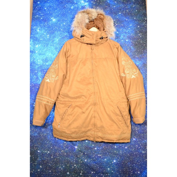 Vintage Cabelas Jacket‎ Womens Large Goose Down Coat Coyote Fur Ruff Embroidered - Picture 1 of 9